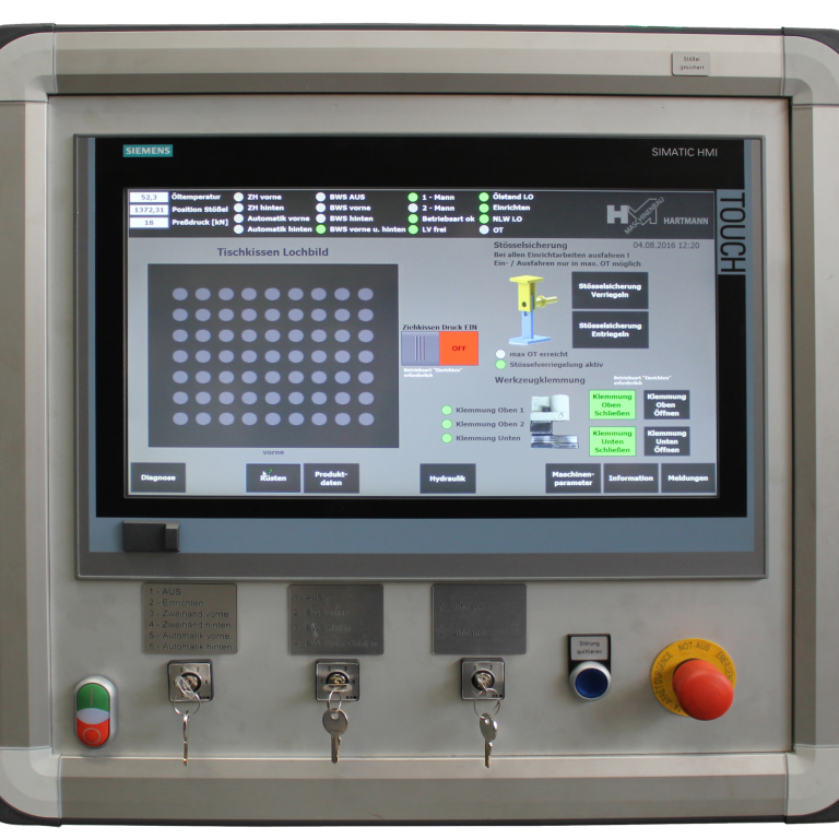 Siemens Panel HMI Steuerungsdisplay mit Touchscreen und Bedienfeldern für Maschinen.